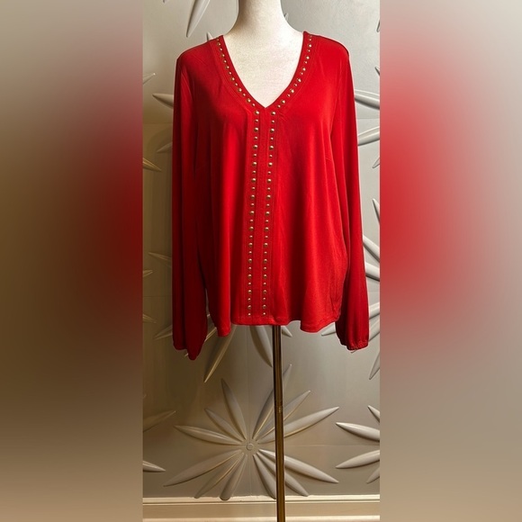 INC SZ L (NWT) Red v-neck top w/gold studs. Bust 44”-48” - Picture 2 of 7